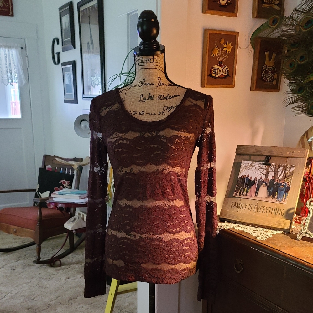 BKE lace brown long sleeve top